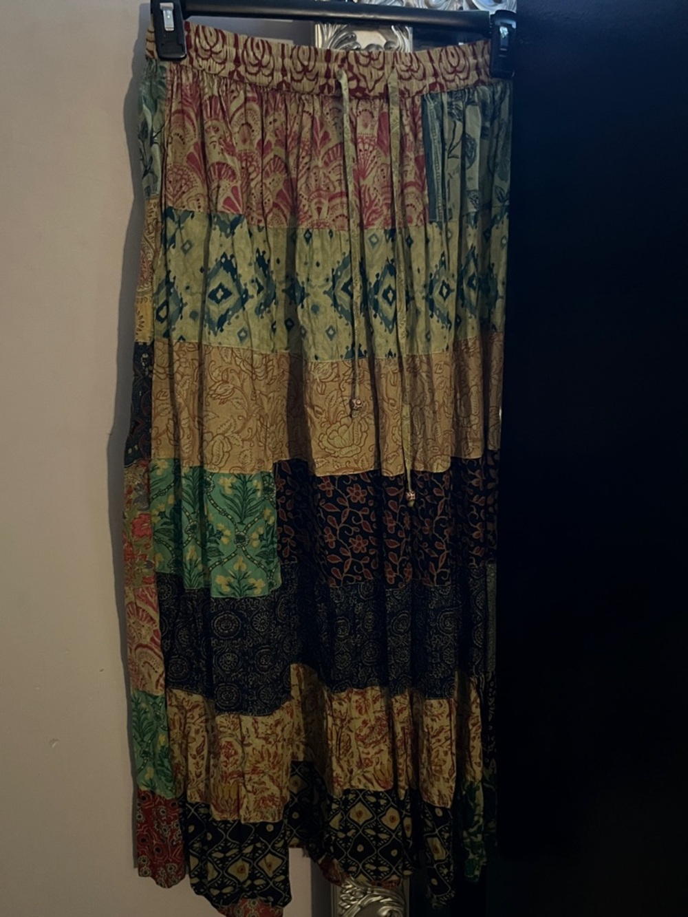 Boho Patchwork Maxi Skirt in Green Multi